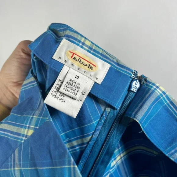 Vintage Talbots Petites Skirt Women 10 Blue Green Plaid 100% Cotton A-Line Mini - Picture 3 of 6